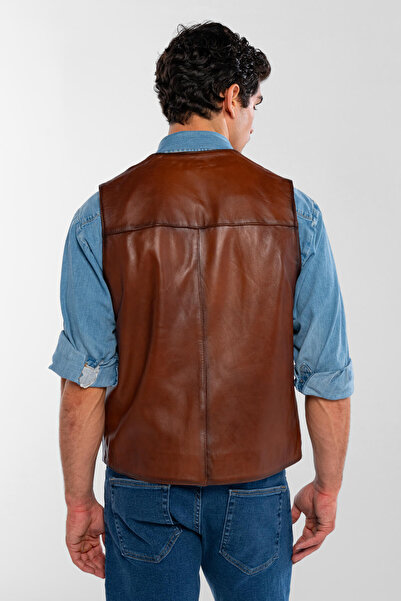 Tamer Tanca Men's Genuine Leather Taba Vest Leather Coat