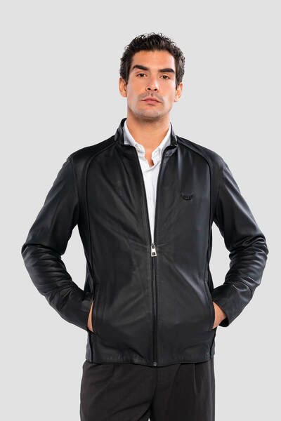 Tamer Tanca معطف جلد طبيعي أسود للرجال