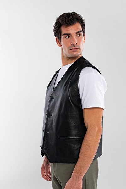 Tamer Tanca Men's Genuine Leather Black Vest Leather Coat