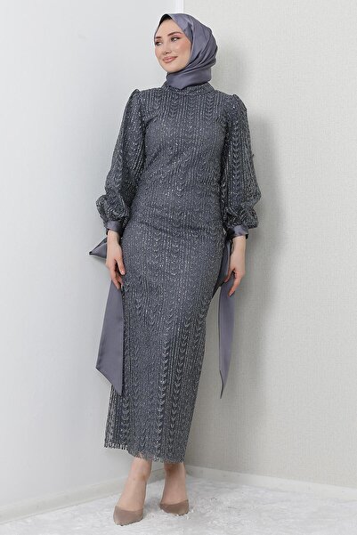 GİZ AGİYİM Βραδινό φόρεμα Pearl Hijab Σκούρο Γκρι