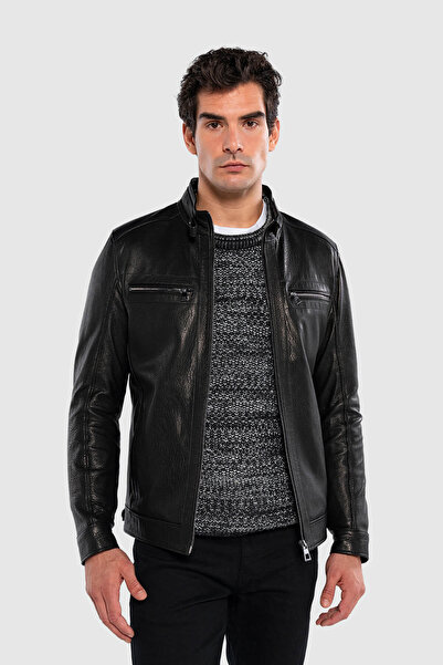 Tamer Tanca معطف جلد طبيعي أسود للرجال
