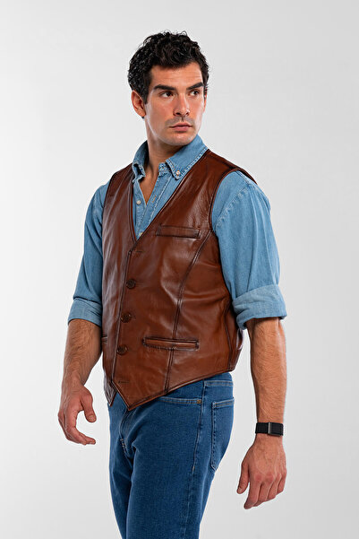Tamer Tanca Men's Genuine Leather Taba Vest Leather Coat