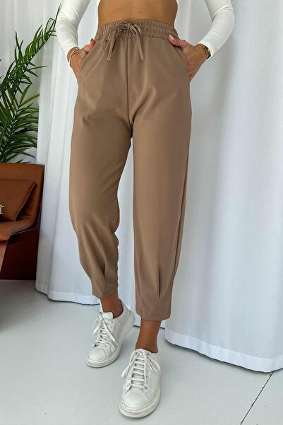 Mine Tan Butik Γυναικείο παντελόνι κρεπ με μοτίβο ματιών - με κολάν στα πόδια, καφέ