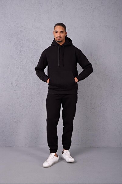 Valiberta Fleece-Lined Kangaroo Pocket Sweatshirt - 3 Thread Fleece-Lined Rubber Cuffs Men's Sweatpants - Tracksuit Set