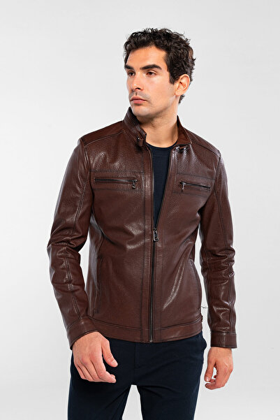 Tamer Tanca معطف رجالي من الجلد الأصلي بالبندق