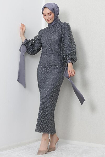 GİZ AGİYİM Βραδινό φόρεμα Pearl Hijab Σκούρο Γκρι