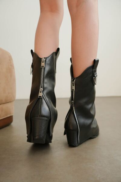 MODAADAM Women's Silver Cowboy Wide Toe Boots - Black-Leather