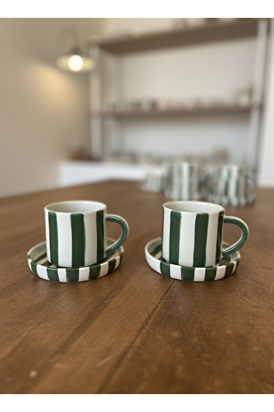 Me Gusta Home Yeşil Çizgili Türk Kahvesi Fincan Takımı (2'li)