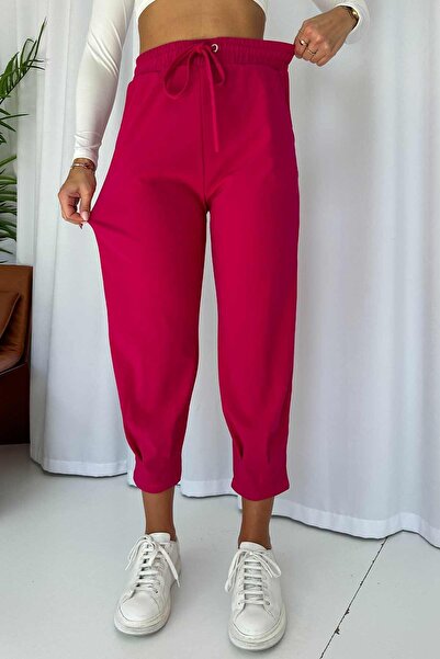 Mine Tan Butik Φούξια κρεπ γυναικείο παντελόνι - με κολάν στα πόδια και λεπτομέρεια ματιών