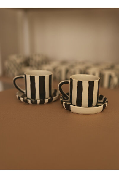 Me Gusta Home Black Striped Turkish Coffee Cup Set (2 Pieces)