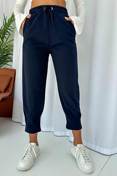 Mine Tan Butik Paça Pensli Kuşgözü Krep Kadın Pantolon - Lacivert