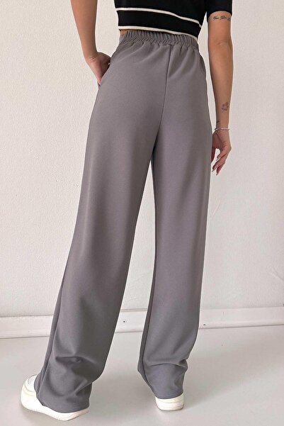 Mine Tan Butik Παντελόνι Collet Detail Palazzo Leg Lycra - Γκρι