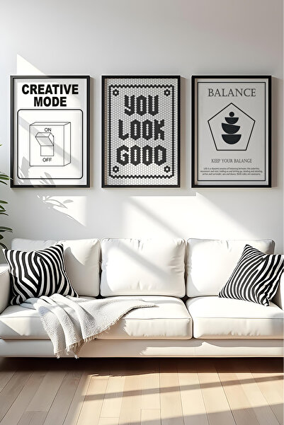 huhuli Ahşap Siyah Çerçeveli 3'lü Creative Mode Tablo Seti Huhu569