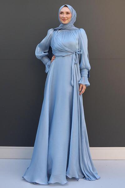 GİZ AGİYİM Βραδινό φόρεμα Baby Blue Silk - Λεπτομέρεια με φιόγκο