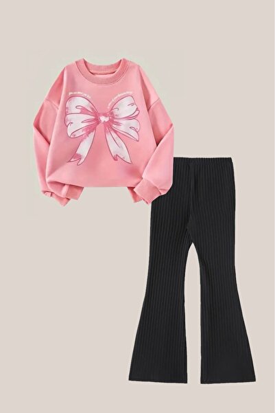 buendiakids Dívčí růžové kalhoty s lesklou stuhou a potiskem, s kulatým výstř...