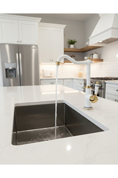 EMFA AKSESUAR Rustik Mutfak Bataryası Beyaz-Gold Vintage Modern Tasarım Eviye...