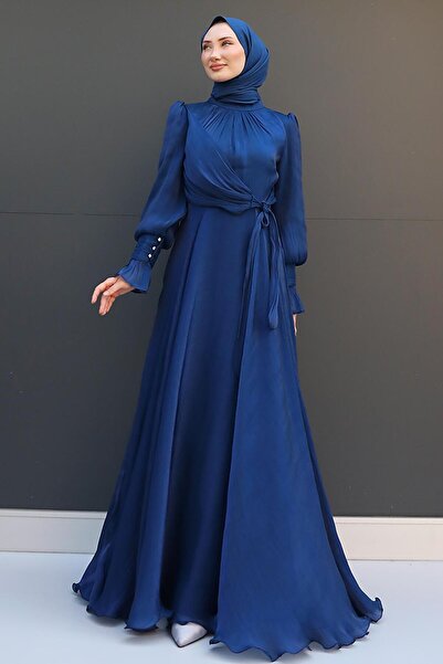 giz astore Fiyonk Detay İpek Abiye Lacivert