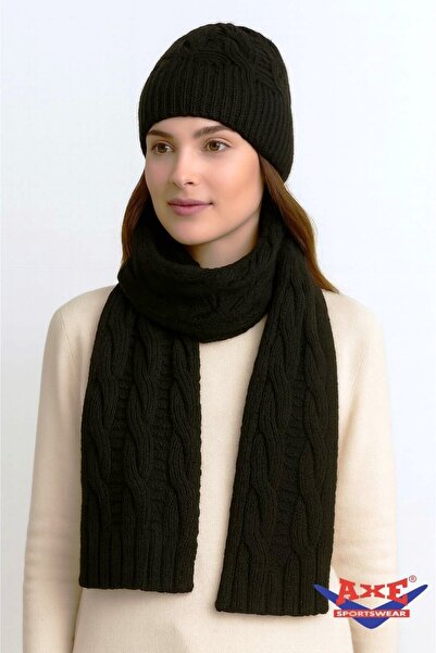 AXE SPORTSWEAR Winter Soft Textured Wool Hair Knitting Pattern Thick Knitwear Tuşe Scarf and Beanie 2-Piece Set
