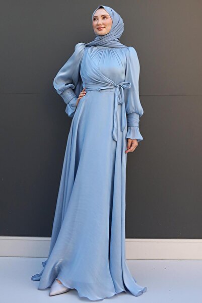 GİZ AGİYİM Βραδινό φόρεμα Baby Blue Silk - Λεπτομέρεια με φιόγκο