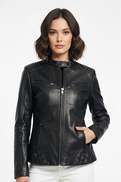 Deriderim Black Latina Short Zippered Women's Genuine Leather Coat