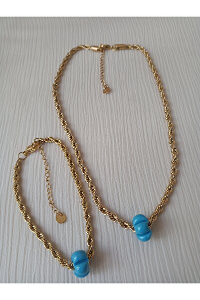 KobalBusiness Çelik Set -kolye Bileklik . Gold Halat Burgu 45cm Zincir 16 Cm Burgu Bileklik Uzatmalı Model.