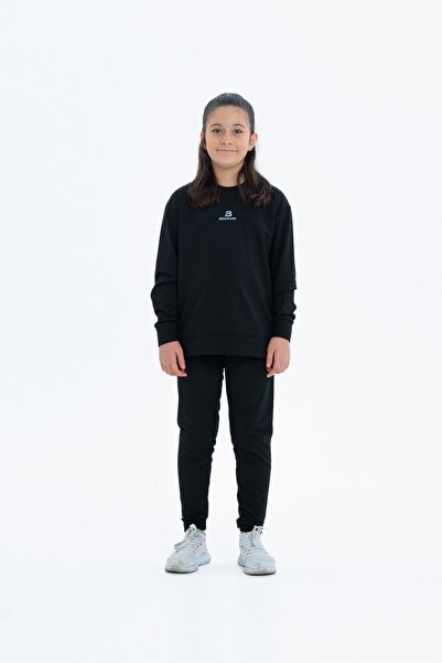 Black One Girl's Fleece-Lined Diving Fabric Tracksuit Set (Sweatshirt + Leggings)