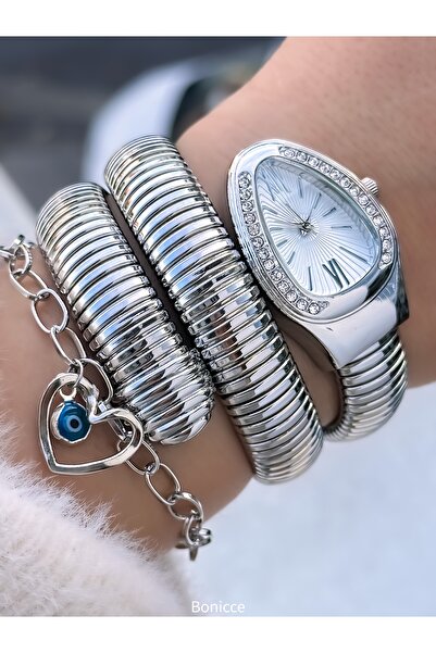 Bonicce Silver Color Stone Snake Model in Special Gift Box, Women's Wristwatch Bracelet