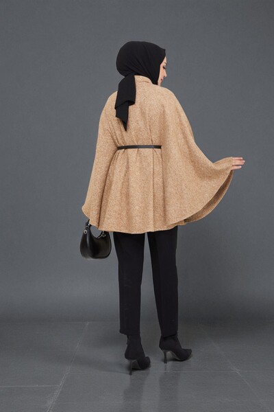 Cochines Women's Tan Gold Brooch Buttoned Belted Mock Neck Gray Cashmere Short Coat Hijab Tunic Long Poncho