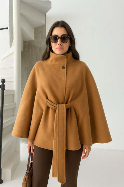 Ramior Women's Brown Belted Cashmere Poncho – Stylish Winter Outerwear and Trend Oversized Model