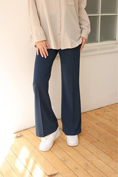 Butik İspanyol Paça Crep Pantolon-050-İndigo