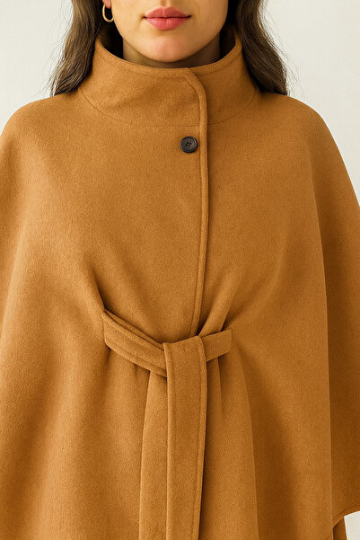 Ramior Women's Brown Belted Cashmere Poncho – Stylish Winter Outerwear and Trend Oversized Model