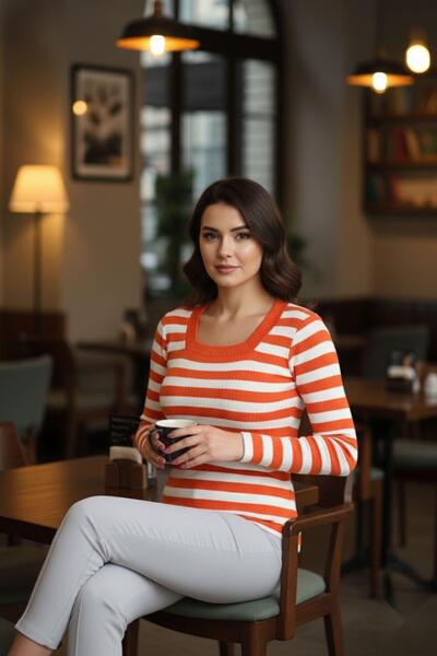 Mossta Orange Striped Square Collar Knitwear Blouse