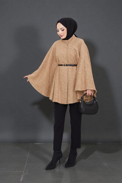 Cochines Women's Tan Gold Brooch Buttoned Belted Mock Neck Gray Cashmere Short Coat Hijab Tunic Long Poncho