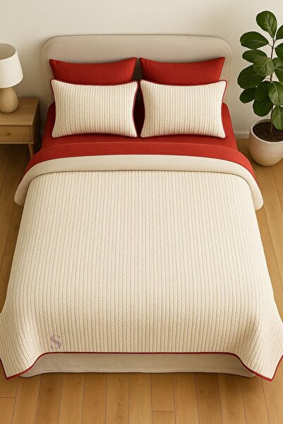 shules collection Red - Ecru Knitted Pattern Double Bedding Set (Pique Tkm)