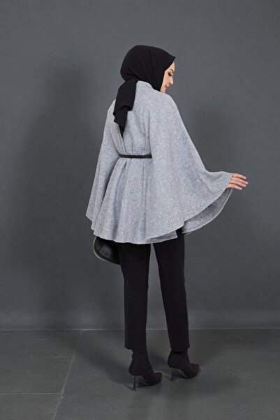 Cochines Women's Gray Gold Brooch Buttoned Belted Mock Neck Gray Cashmere Short Coat Hijab Tunic Long Poncho