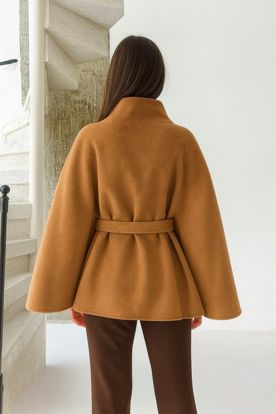 Ramior Women's Brown Belted Cashmere Poncho – Stylish Winter Outerwear and Trend Oversized Model