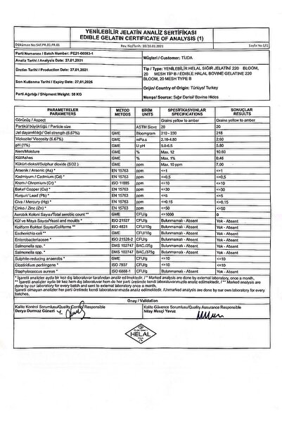 TİJDA Sığır Jelatini 1000 gr (%100 SAF, TOZ JELATİN) Helal Sertifikalı