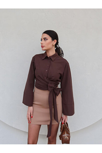 lesclees Ισπανικό καφέ πουκάμισο με μανίκια με ζώνη μέσης
