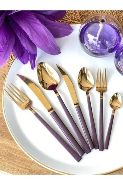 ROSSEV Napoli Es Purple&Gold 42 Piece Spoon Fork Knife Tea Spoon 6 Person Çkb