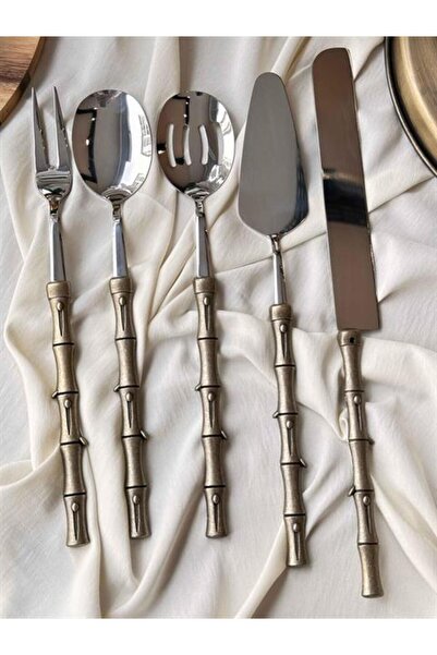 ROSSEV Antiq Serving Presentation Spoon Set with Bamboo Handle 5 Pieces