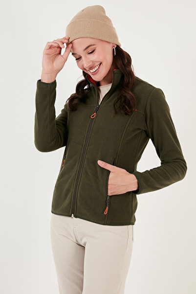 Lela Stand Collar Zippered Pocket Fleece Cardigan Women5907002