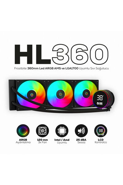 Hawk Gaming HL360 Frostbite 360mm Led ARGB AM5 ve LGA1700 Uyumlu Siyah Sıvı Soğutucu