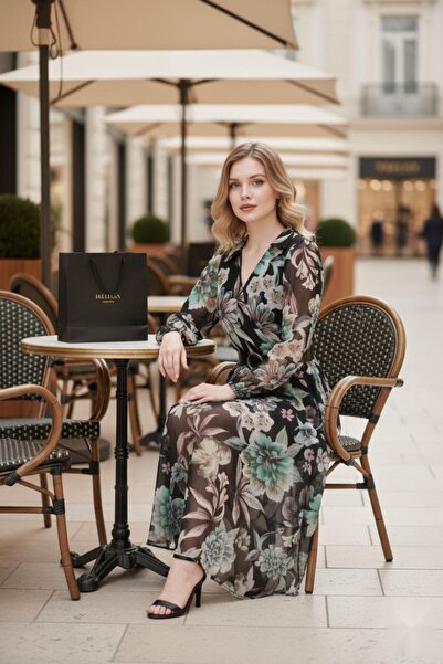 Mossta Μακρύ φόρεμα μόδας από σιφόν με διπλό λαιμόκοψη και ζώνη στη μέση, μαύρο