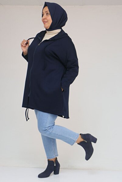 Eslina 53053 Plus Size Skirt Oval Cut Modal Jacket - Navy Blue