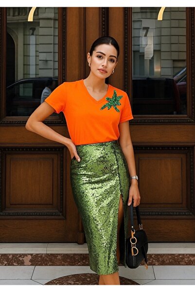 GZ Design Orange Color V-Neck T-Shirt with Green Embroidery Detail