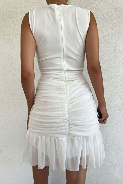 Mossta White Tulle Dress - Zero Sleeve and Double Breasted Collar