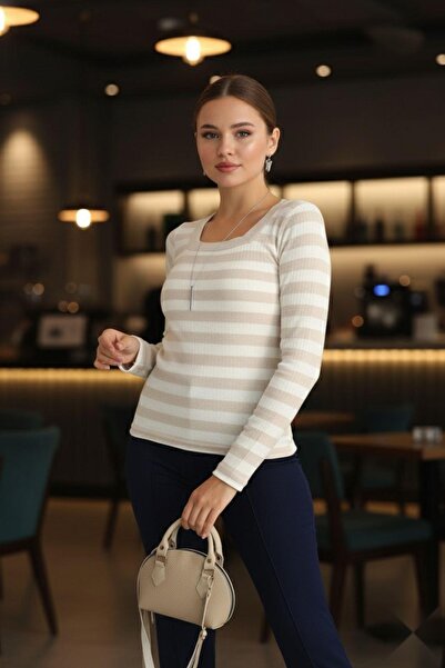 Mossta Stone Color Square Neck Striped Knitwear Blouse