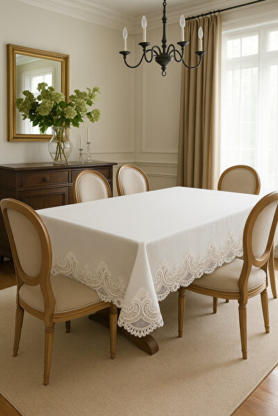 Çeyiz Bahçesi Kdk Dertsiz Masa Örtüsü Leke Tutmaz 160/220 Güpürlü Krem