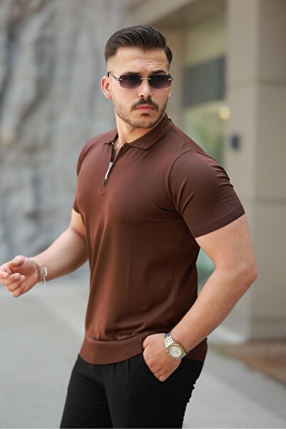 comstar Men's Half Zipper Basic Tight Brown Polo Neck T-Shirt