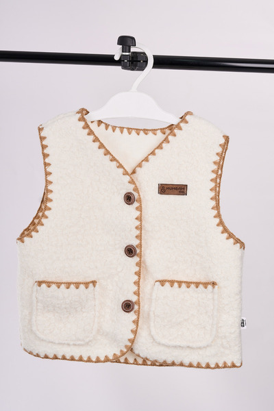 Mumenim Plush Textured Cotton Unisex Baby Beige Vest | Warm, Buttoned Casual & Stylish Winter Children's Vest